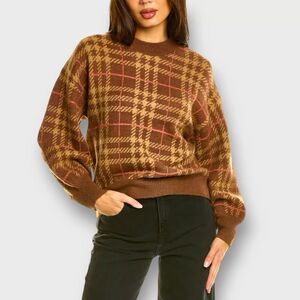 En Saison Brown Plaid Crewneck Sweater with Tan and Rust Lines